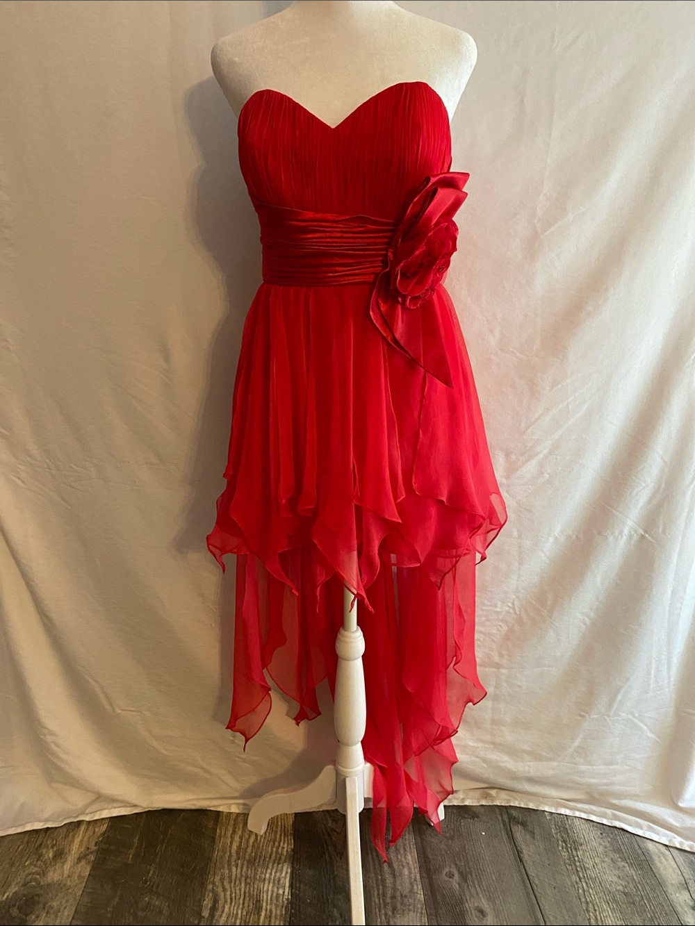 Vintage 90s fairy high low strapless handkerchief hem pixie dress gown 7 8 red